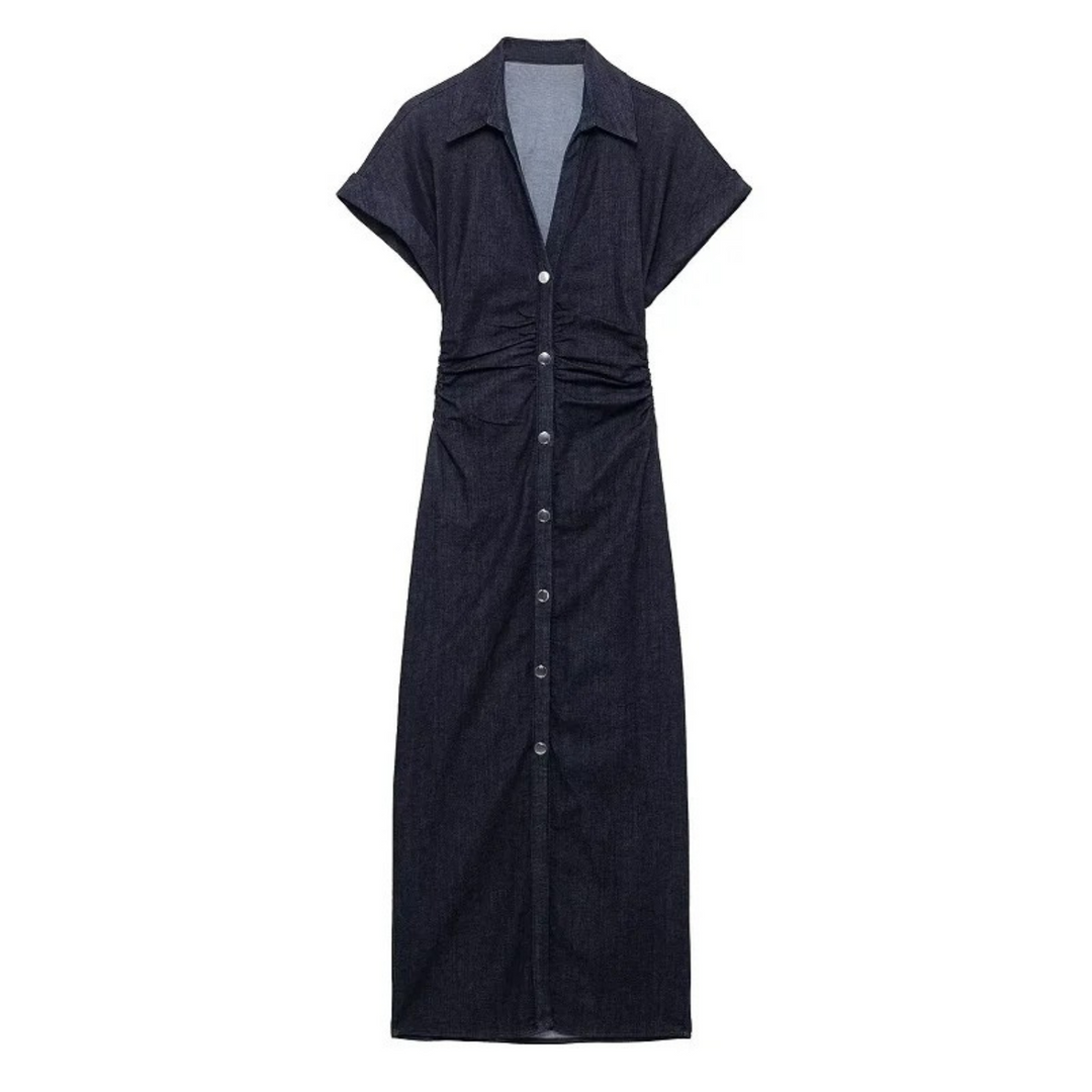 Ivy | Front Pleated Midi Dress with Short Sleeves for Spring Holidays - XS