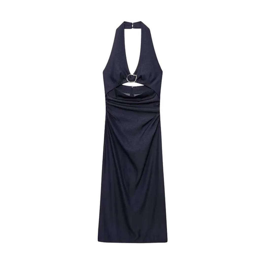 Zoe | Pleated Backless Midi Dress for Off-Shoulder Party Looks - XS