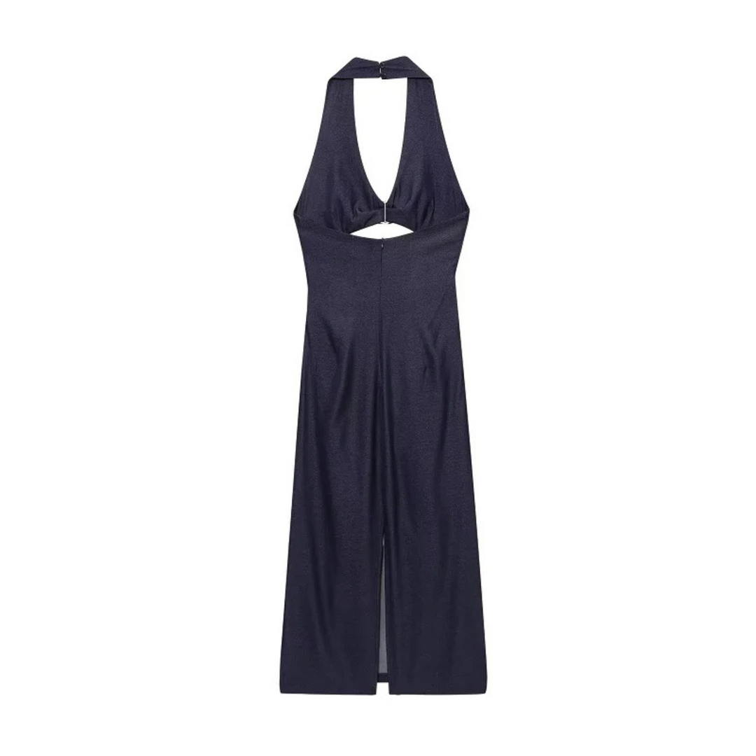 Zoe | Pleated Backless Midi Dress for Off-Shoulder Party Looks