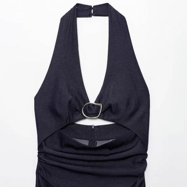 Zoe | Pleated Backless Midi Dress for Off-Shoulder Party Looks
